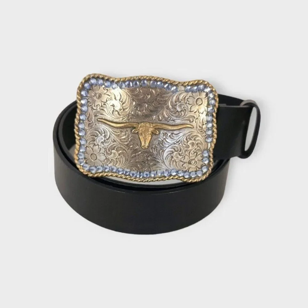 VINTAGE 1995 Amiee Lynn Texas Longhorn Steer Cattle Buckle on Black Leather Belt